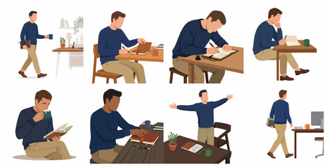 Fototapeta premium Flat vector illustration set of a man character in various poses writing in a journal, studying, and drinking coffee