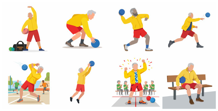 Active senior men playing dodgeball and exercising set, elderly male characters in sports uniform throwing ball and cheering, vector illustration