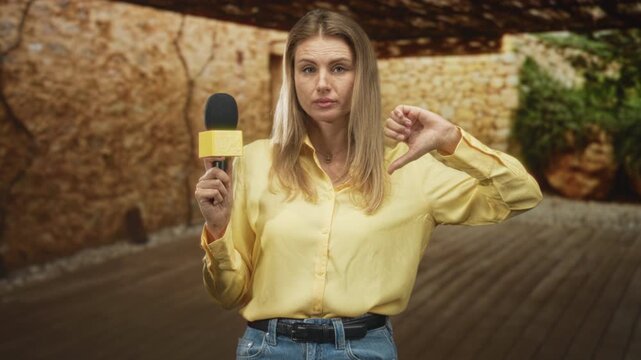 Blonde woman reporter holding microphone with mic cube and showing thumbs down gesture in a rustic stone building interior; disapproval critique.