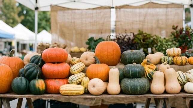 Farmers market table piled high with colorful pumpkins and autumn squash