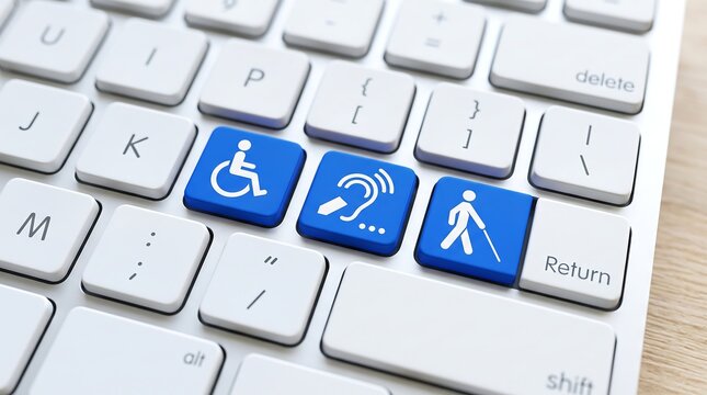 Computer keyboard featuring blue keys with white accessibility symbols for wheelchair, hearing impairment, and visual impairment assistance.