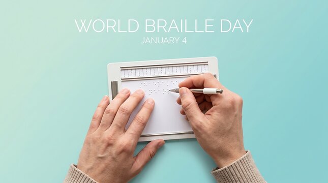 World Braille Day January 4 banner showing hands using a slate and stylus to write braille text on paper against a light turquoise background.