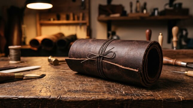 Rolled brown leather tied with string on wooden workbench in craftsman workshop. Handmade material for leathercraft and artisan hobby. Traditional craftsmanship and shoemaking concept
