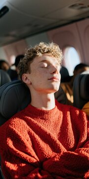 Teen male dozing on plane seat in textured red jumper with sunlight on closed eyes for travel comfort poster and restful lifestyle background