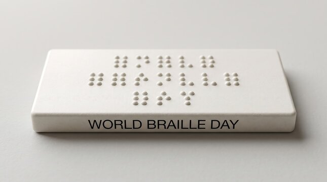Minimalist white block featuring embossed tactile dots and clear text honoring World Braille Day, symbolizing accessibility, awareness, and inclusive literacy for the visually impaired.