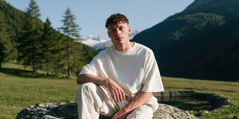 Fototapeta premium Young man sitting on a rock in an alpine meadow with mountains for outdoor portrait background and serene summer lifestyle design