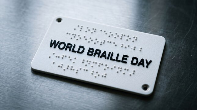 White sign plaque with embossed tactile dots and raised text reading World Braille Day, highlighting accessibility and inclusive education on a brushed metal background.