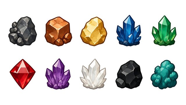 Examples of 10 minerals on a white background, in a game icon style.