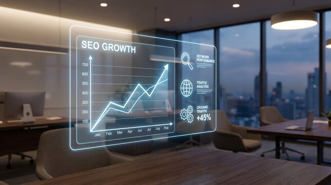 A digital holographic display showing growth charts and data analytics for effective seo marketing strategies in a modern office