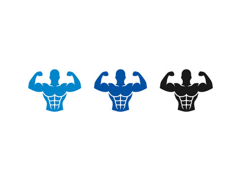 Strong Bodybuilder Silhouettes Showing Biceps and Abdominal Muscles in Blue and Black Colors.