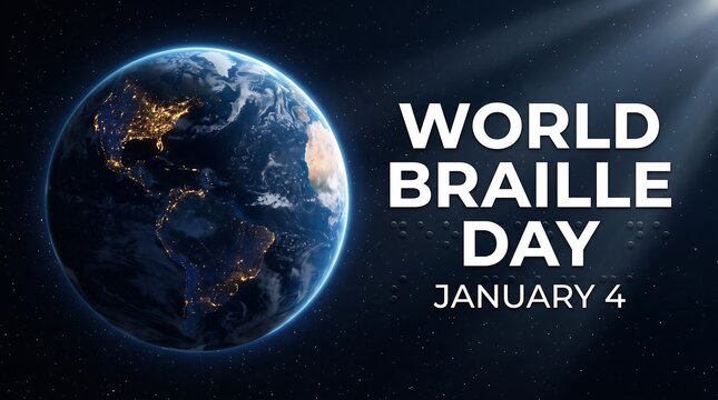 Digital illustration of planet Earth in space celebrating World Braille Day on January 4, emphasizing global accessibility, literacy, and awareness for the visually impaired.