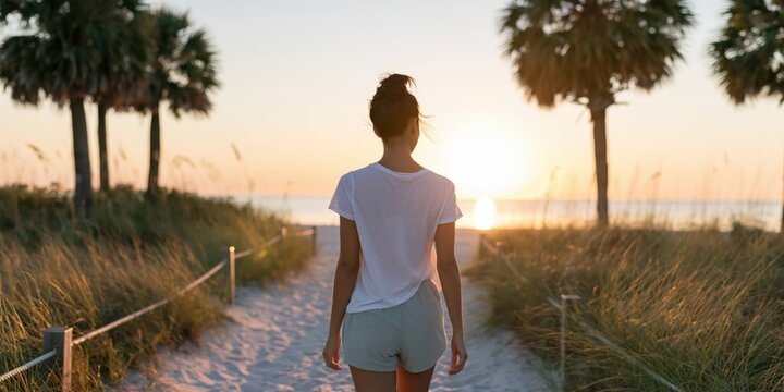 Young woman walking on sandy beach path at sunset with palm trees for summer sunset background and poster design