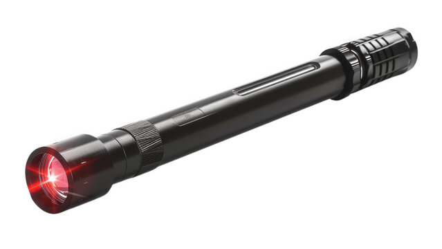 Black flashlight emitting bright red laser beam with illumination on transparent background
