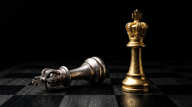 Golden king chess piece standing victorious next to fallen defeated silver king chess piece on black and white chessboard, dramatic black background

