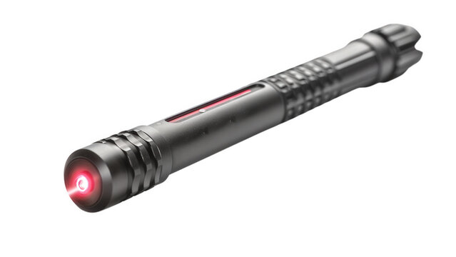 Black tactical laser pointer device emitting red beam with sleek black on transparent background