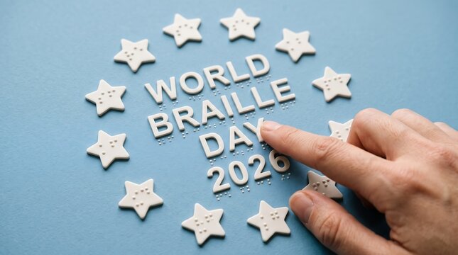 Hand feeling raised letters and braille dots for World Braille Day 2026, surrounded by tactile stars on a light blue background, symbolizing global accessibility and inclusive literacy.