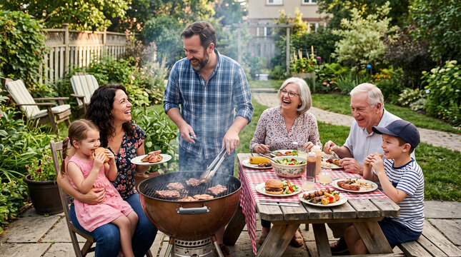 Multi generational family enjoying a summer barbecue meal together in a lush backyard garden setting
