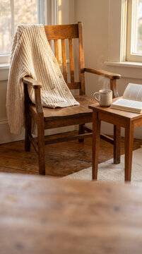 Wooden chair with knit sweater draped beside a table with coffee and book