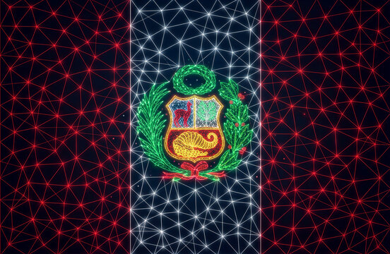 Peru flag digital technology wireframe, glowing low poly mesh plexus background, national coat of arms neon design