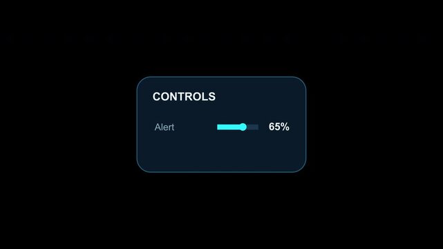 Controls finance dashboard HUD user interface with sliders, buttons, level meters, rotary regulators, sensor indicators and futuristic fintech motion graphics