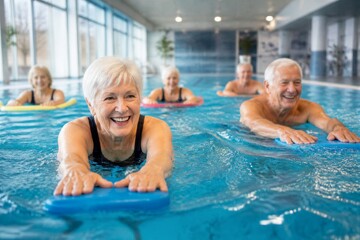 Fototapeta premium Happy seniors float in indoor pool, smiling broadly. They use colorful float boards for gentle aquatic exercise. Bright sunlight streams through large windows. Group enjoys water activity, bonding