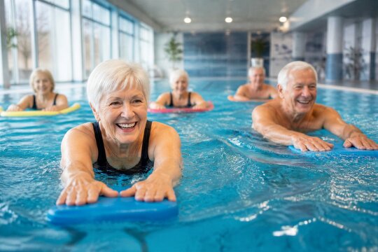 Happy seniors float in indoor pool, smiling broadly. They use colorful float boards for gentle aquatic exercise. Bright sunlight streams through large windows. Group enjoys water activity, bonding