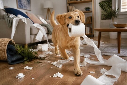 Golden dog carries toilet paper roll in mouth. Wooden floor covered in torn paper pieces. Crate overturned near sofa with scattered items. Soft daylight illuminates cozy, lived-in living room