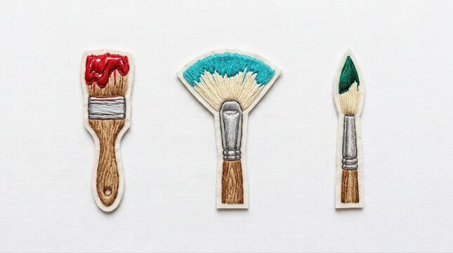 Vibrant embroidered paintbrushes displayed on a white fabric backdrop perfect for various art and craft endeavors