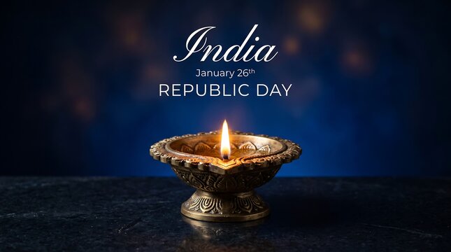 Traditional ornamental brass diya oil lamp glowing on a dark surface with India January 26th Republic Day typography on a bokeh background.