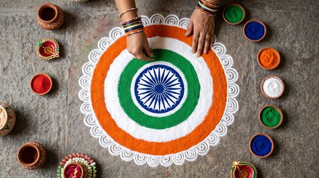 Top view of a woman creating a colorful Indian flag tricolor rangoli with powder colors, clay oil lamps, and Ashoka Chakra for national celebrations.