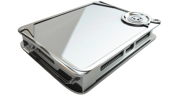 Metallic computer hard drive disk storage component with displays sleek on transparent background