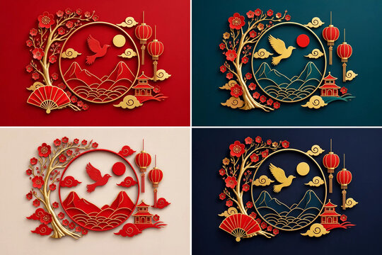 Elegant paper cut compositions with chinese ornaments and birds for festive card projects.
