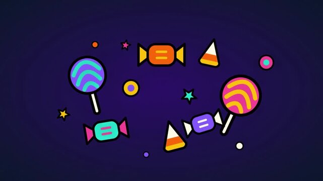 Colorful cartoon candies floating on a dark purple background