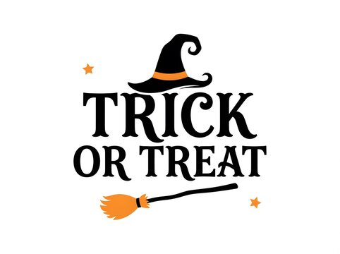 Festive halloween design featuring the words trick or treat with a witch's hat and broom illustration