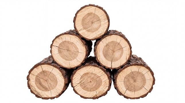 Stacked pine firewood logs showing clear annual rings arranged in a pyramid shape for forestry industry isolated on white background