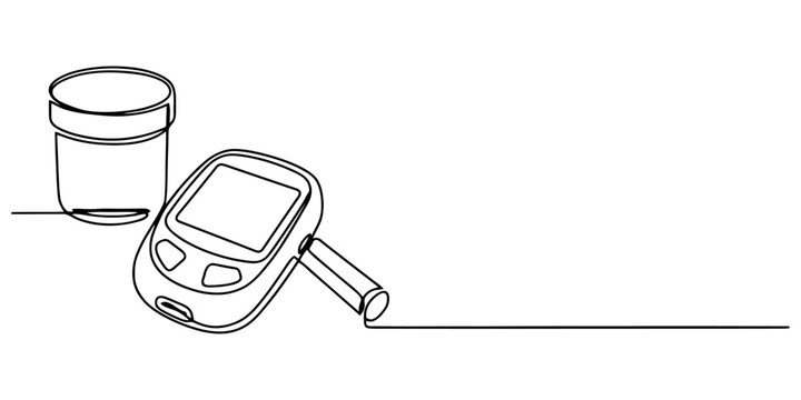 Continuous line drawing of a glucose meter and a urine specimen sample cup for medical diabetes health testing Vector, illustration
