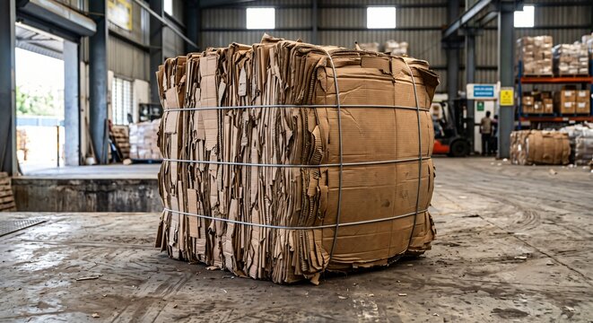 Cardboard recycling bale secured with steel wire on a concrete floor inside an industrial paper waste facility