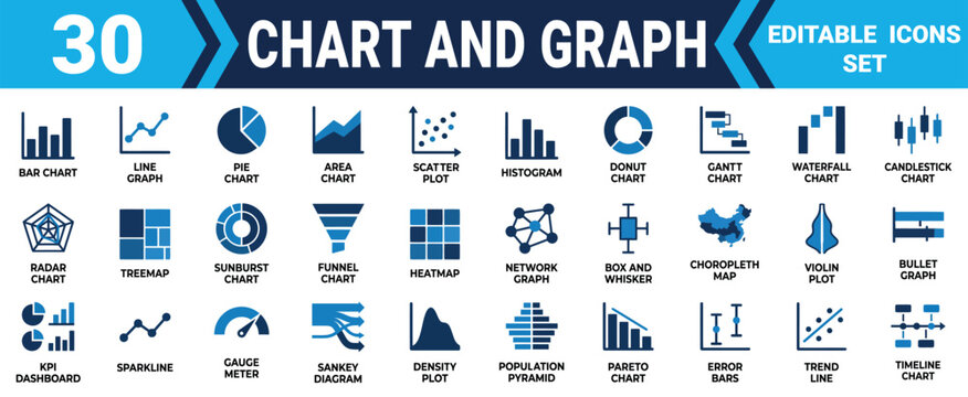 Set of thirty business charts and graphs icons for data visualization and professional report design Minimal solid fill icon set bundle collection. Editable Vector Illustration Mega pack