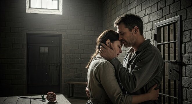 Emotional couple embracing in dark stone prison cell.