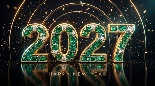 Luxurious 2027 Happy New Year text composed of emerald gemstones and diamonds set in gold with glowing arches and glittering bokeh.