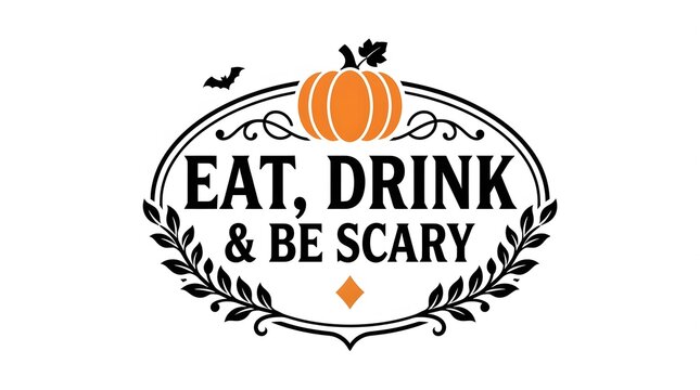 Vintage halloween graphic with a pumpkin illustration and spooky typography saying eat drink and be scary