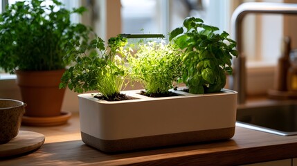 Fototapeta premium A modern indoor herb garden with three types of green plants growing in a rectangular planter on a wooden countertop near a window