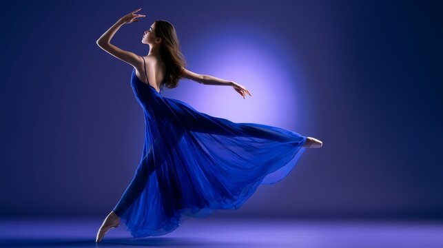 Ballerina dancing gracefully in a flowing blue dress against a purple background