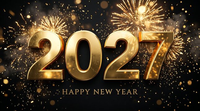 Bold 3D metallic gold 2027 numbers with explosive fireworks, glittering bokeh, and Happy New Year text on a dark backdrop.