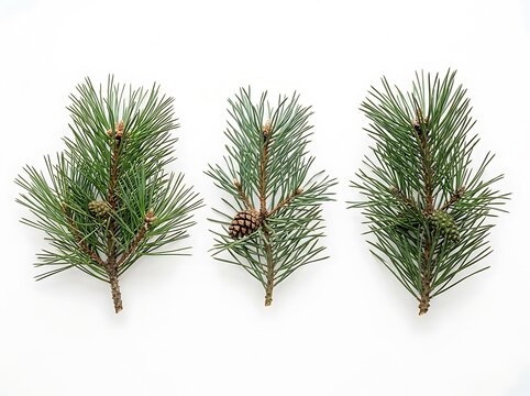 Fresh pine tree branches with small cones isolated on white background