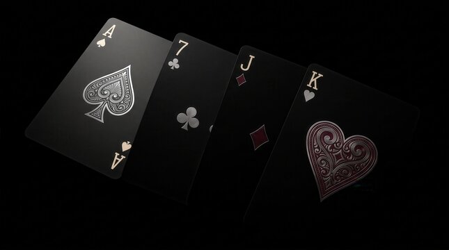 Four black playing cards featuring ace seven jack and king