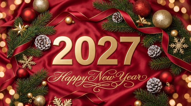 Golden 2027 digits surrounded by pine branches, frosted pinecones, red and gold baubles, and ribbons on a rich red silk backdrop.