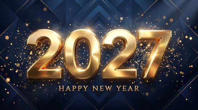 Brushed gold 3D 2027 numbers shining against a dark blue geometric backdrop with bursting stardust and Happy New Year text.
