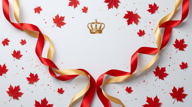 Maple leaves golden ribbons and a golden crown on a light gray surface