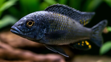 Fototapeta premium A dark blue cichlid fish with yellow spots swims gracefully in a lush green planted aquarium environment